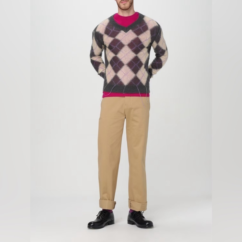 497 Nwt Marni Argyle-pattern V-neck wool-blend jumper Size 54 Color Grey Yellow - Picture 9 of 12